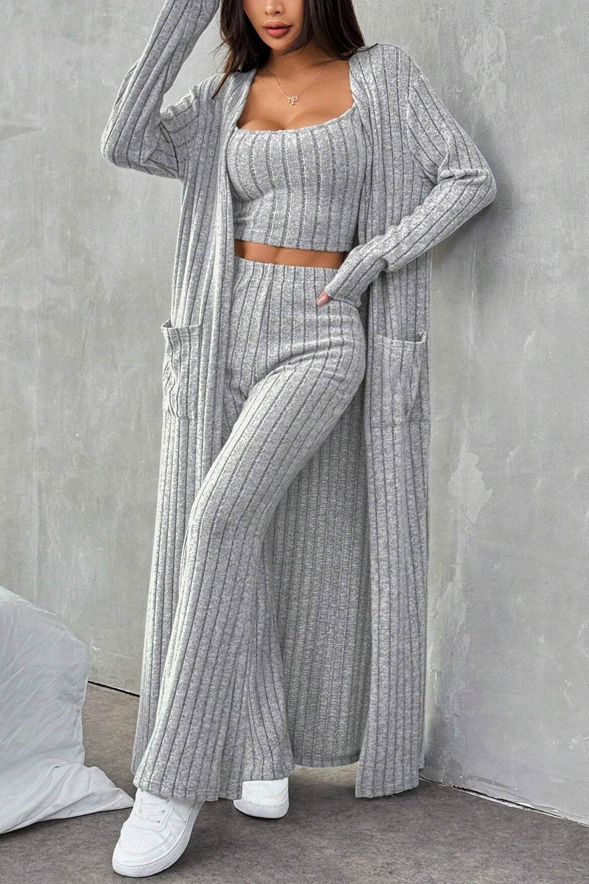 Grey Ribbed Knit Cardigan Three-piece Set