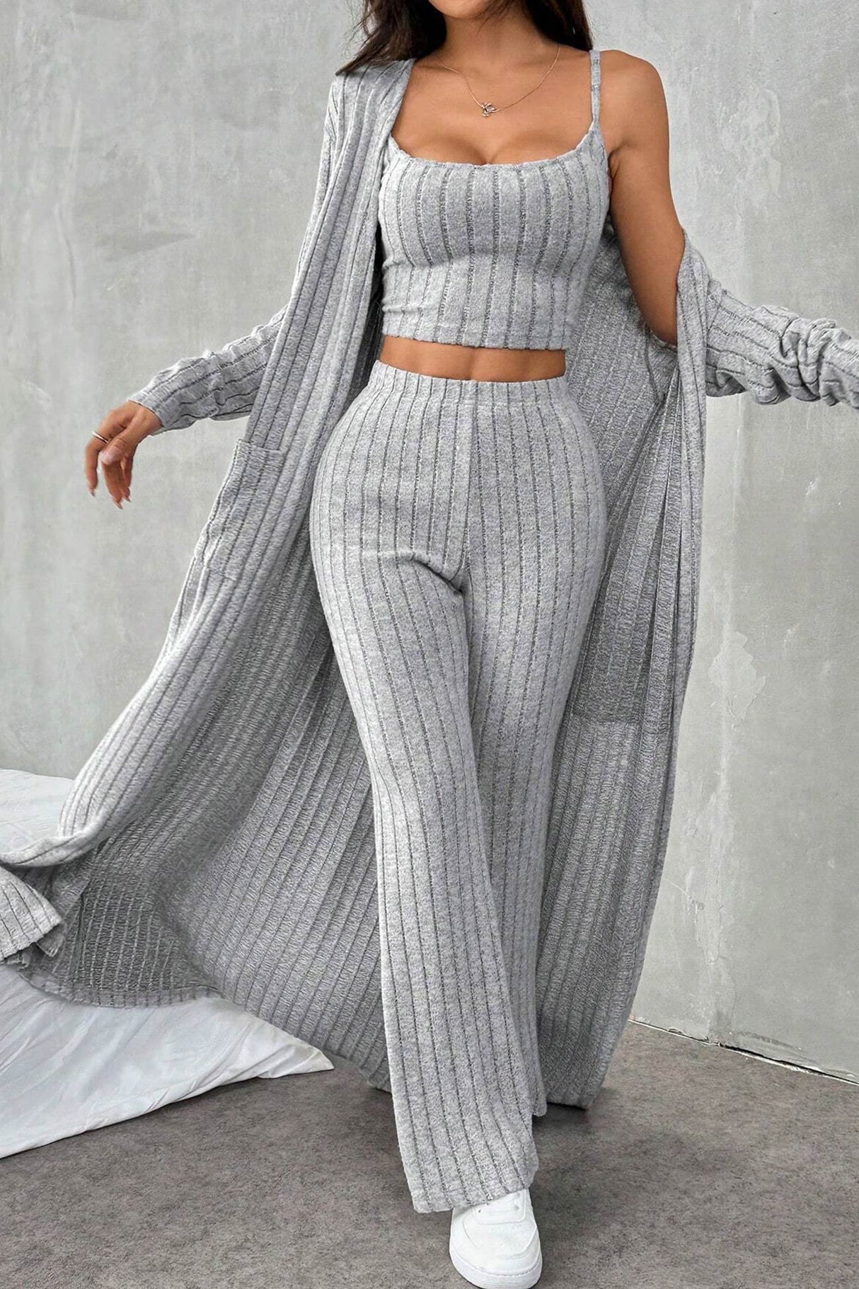Grey Ribbed Knit Cardigan Three-piece Set
