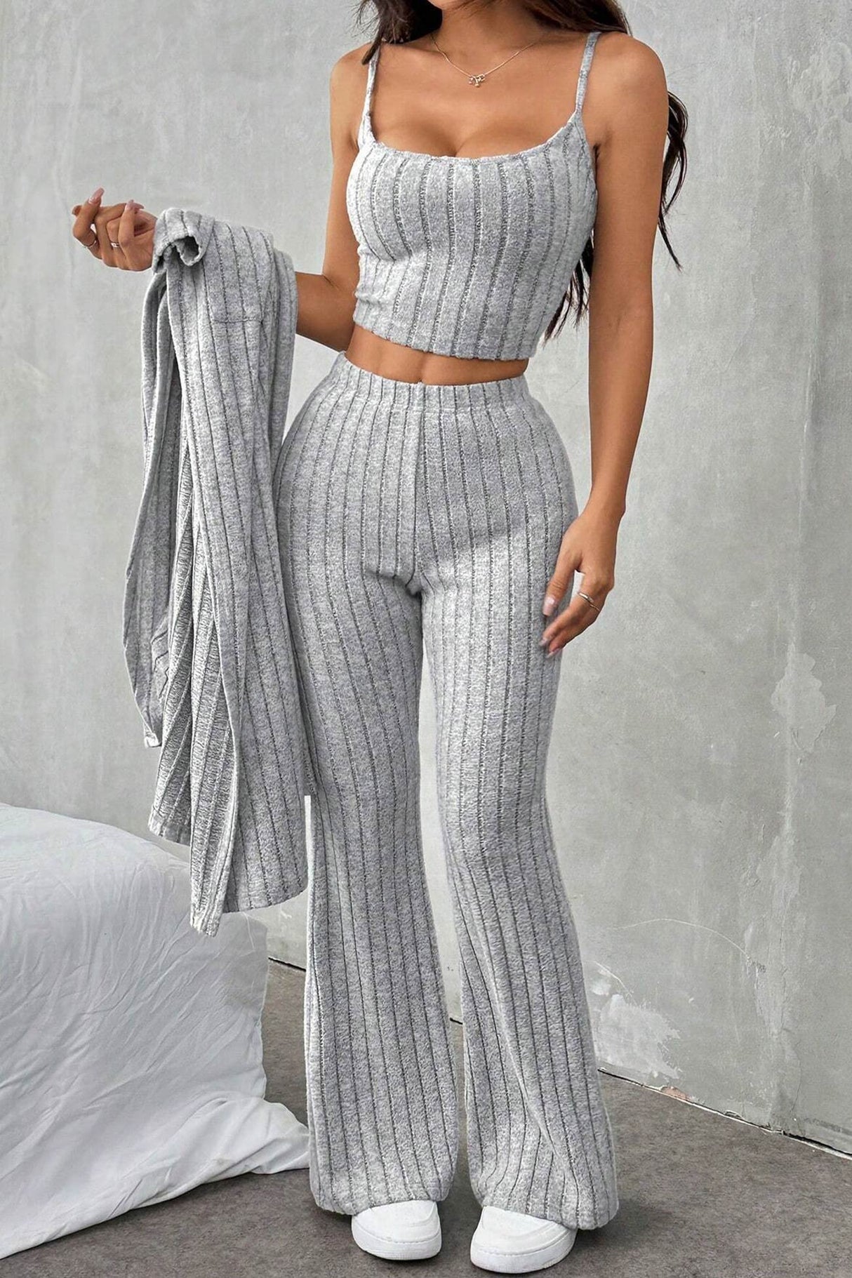Grey Ribbed Knit Cardigan Three-piece Set