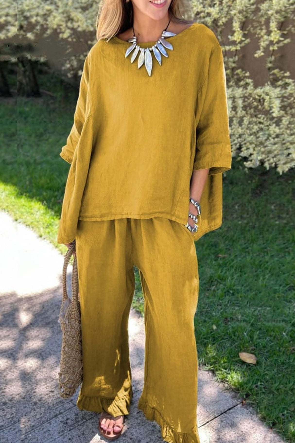 Arolora half-sleeve-tops-fringe-hem-long-pants-set