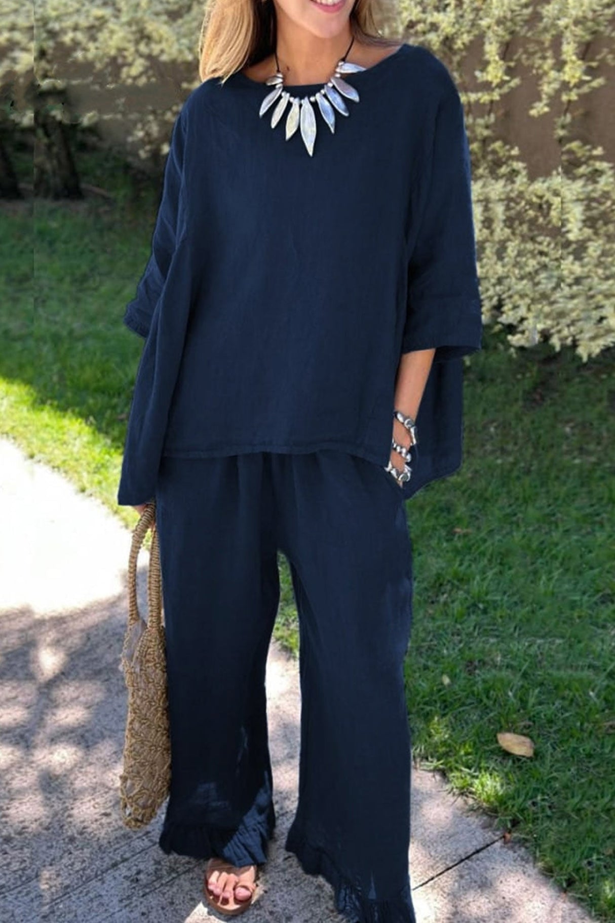 Arolora half-sleeve-tops-fringe-hem-long-pants-set