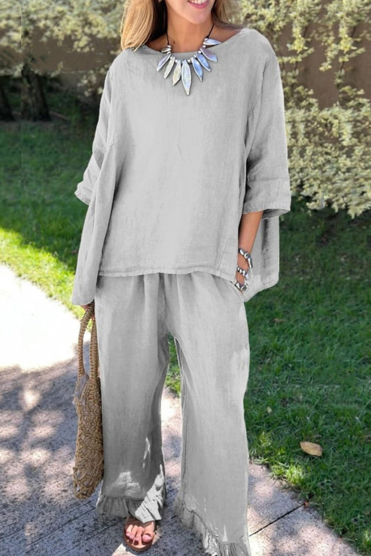 Arolora half-sleeve-tops-fringe-hem-long-pants-set