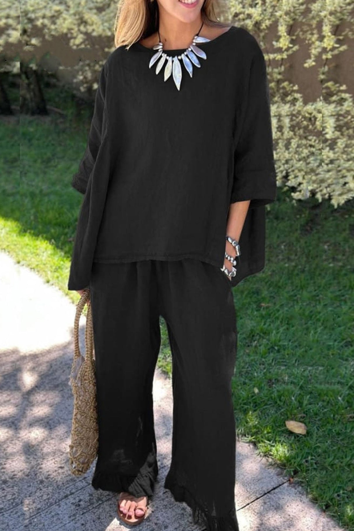 Arolora half-sleeve-tops-fringe-hem-long-pants-set