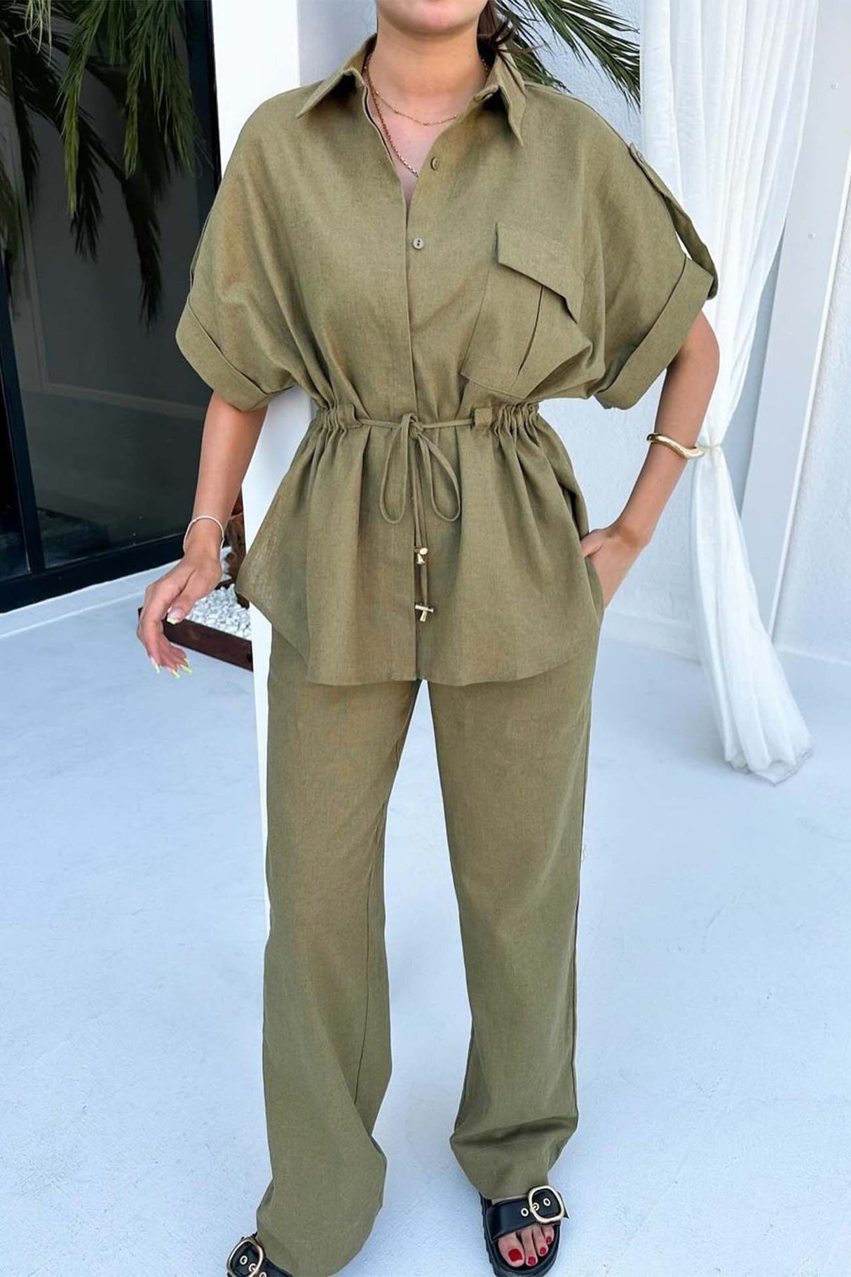Half Sleeve Drawstring Shirt Long Pants Two-Piece Set