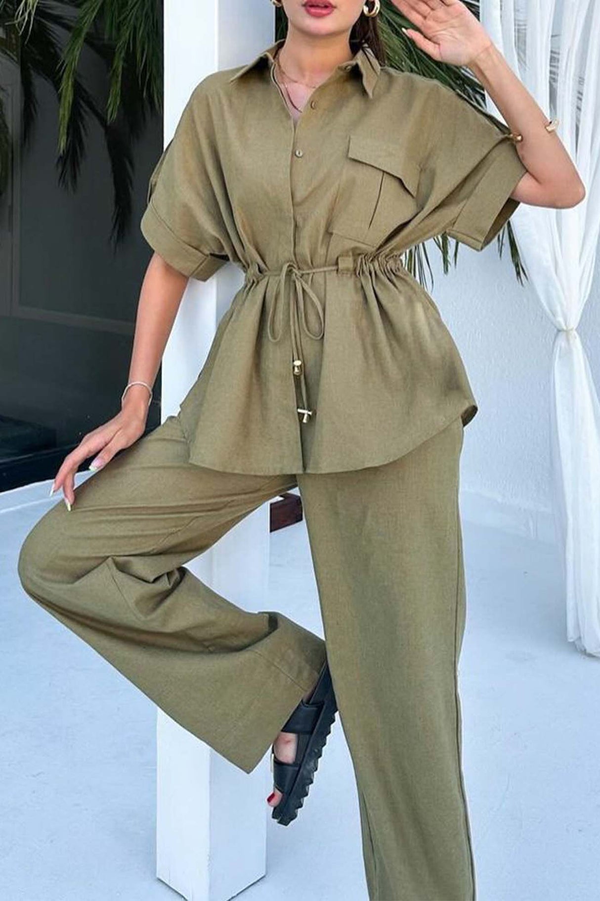 Half Sleeve Drawstring Shirt Long Pants Two-Piece Set