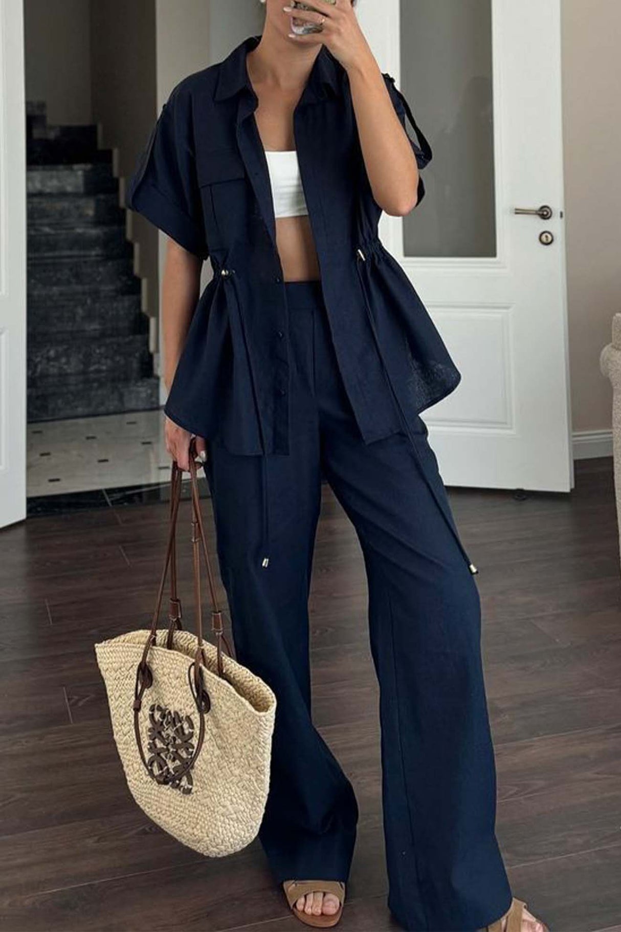 Half Sleeve Drawstring Shirt Long Pants Two-Piece Set