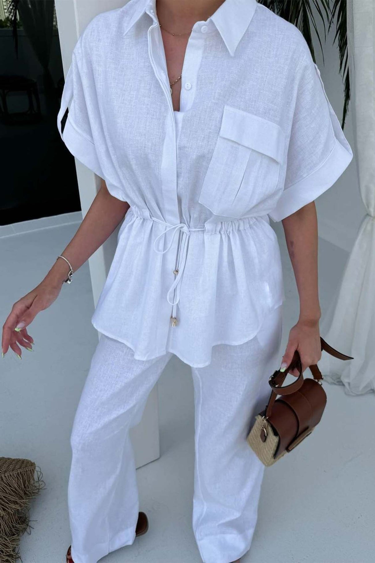 Half Sleeve Drawstring Shirt Long Pants Two-Piece Set