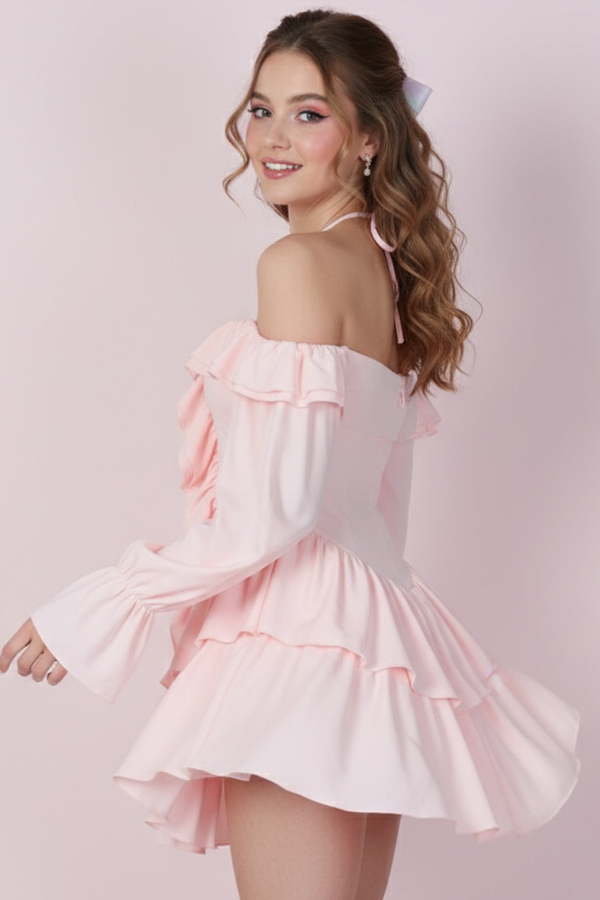 Halter Off-The-Shoulder Ruffled Mini Dress