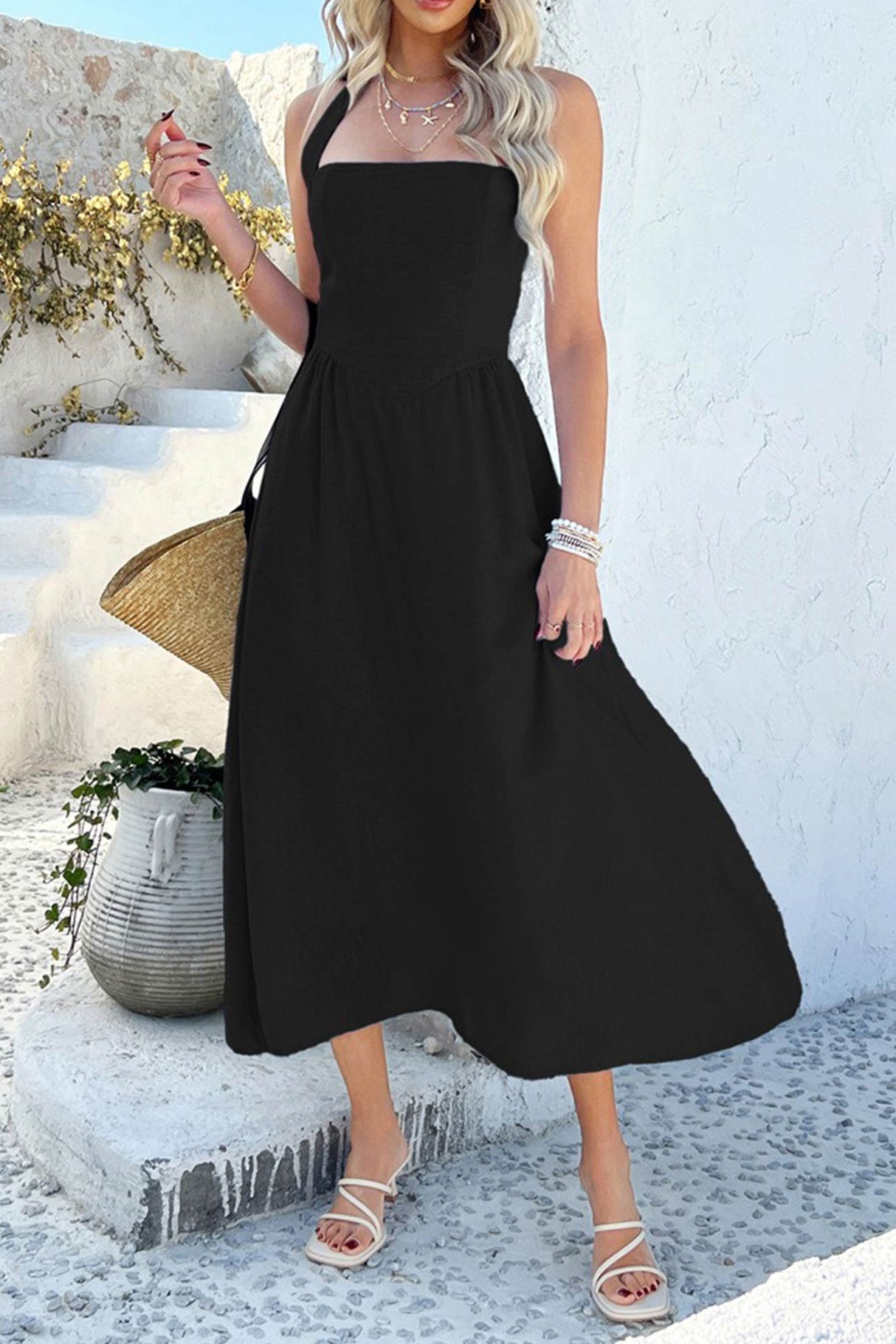 Arolora Halter Square Neck High Waist Midi Dress