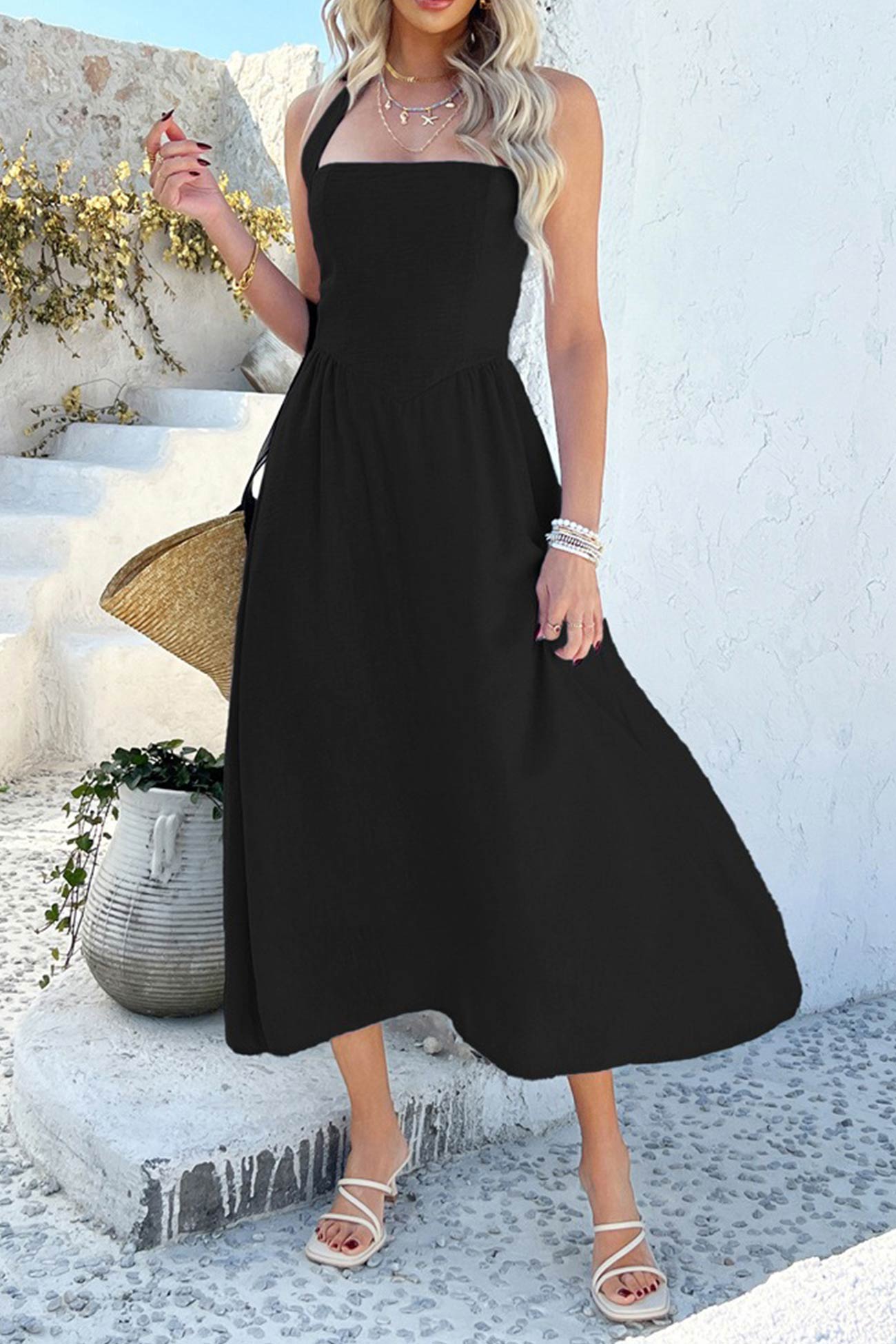 Arolora Halter Square Neck High Waist Midi Dress