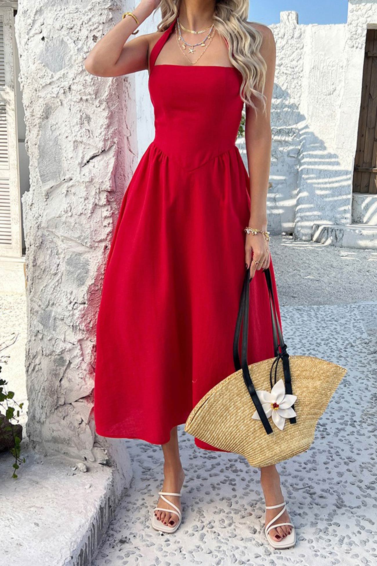 Arolora Halter Square Neck High Waist Midi Dress