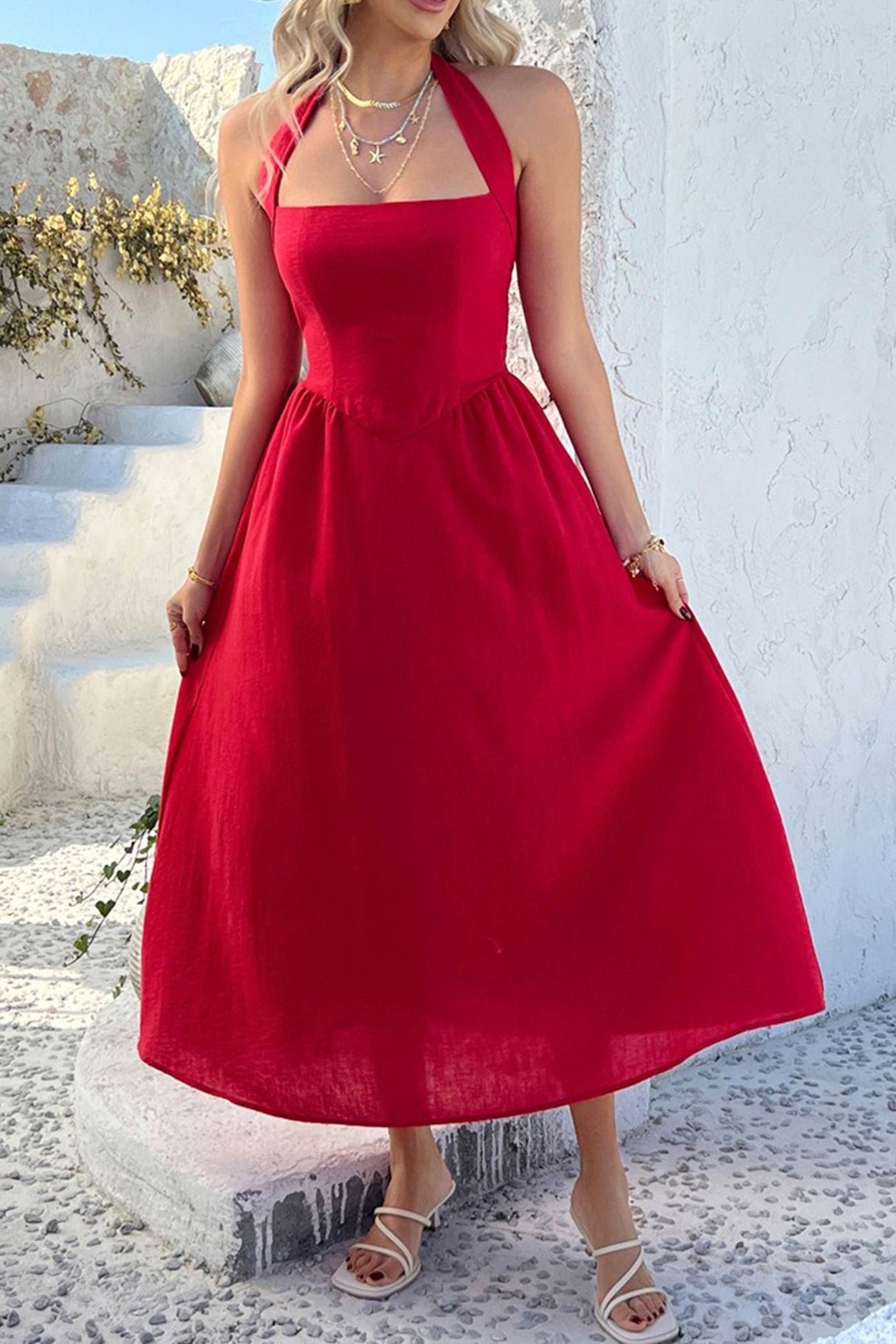 Arolora Halter Square Neck High Waist Midi Dress