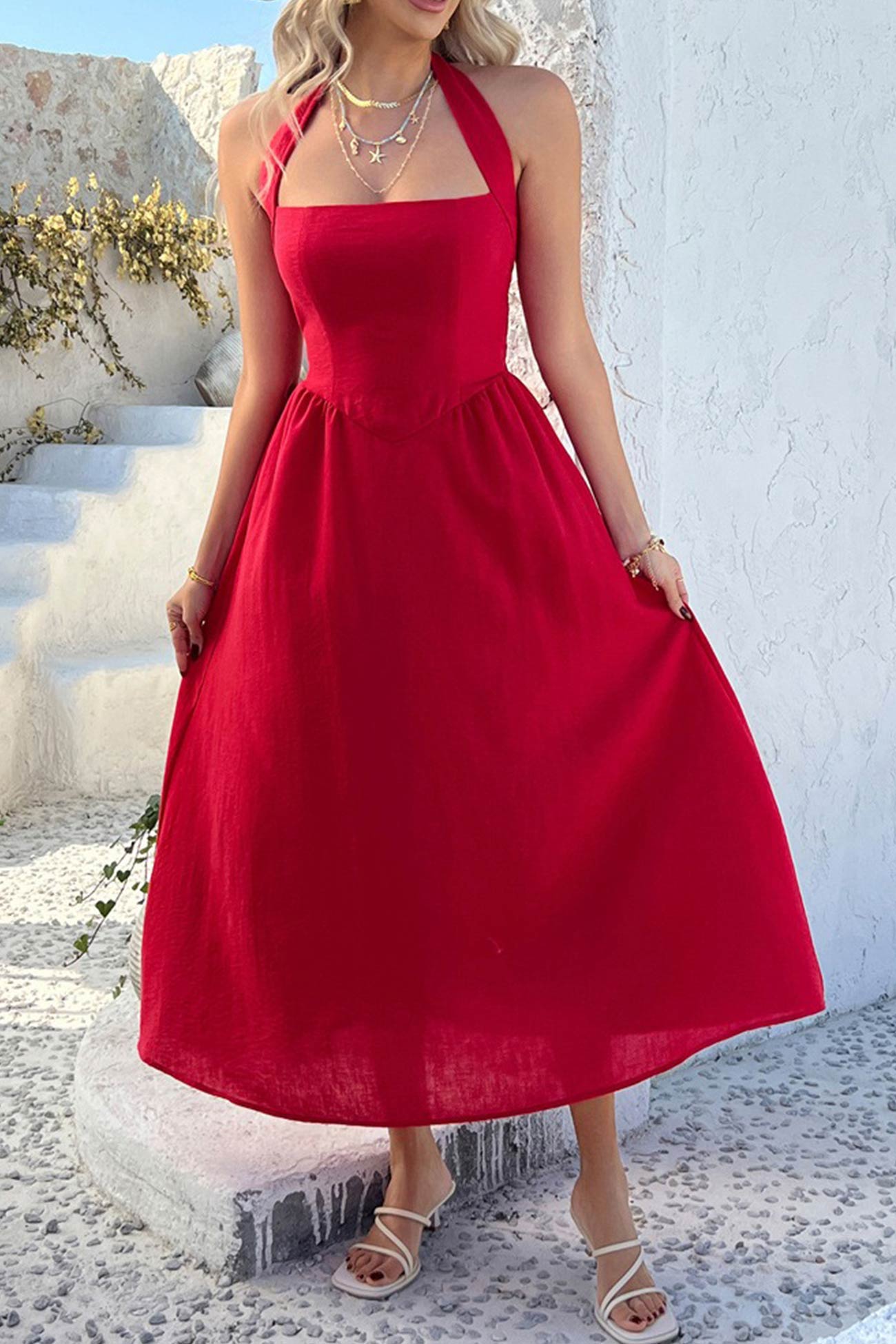 Arolora Halter Square Neck High Waist Midi Dress