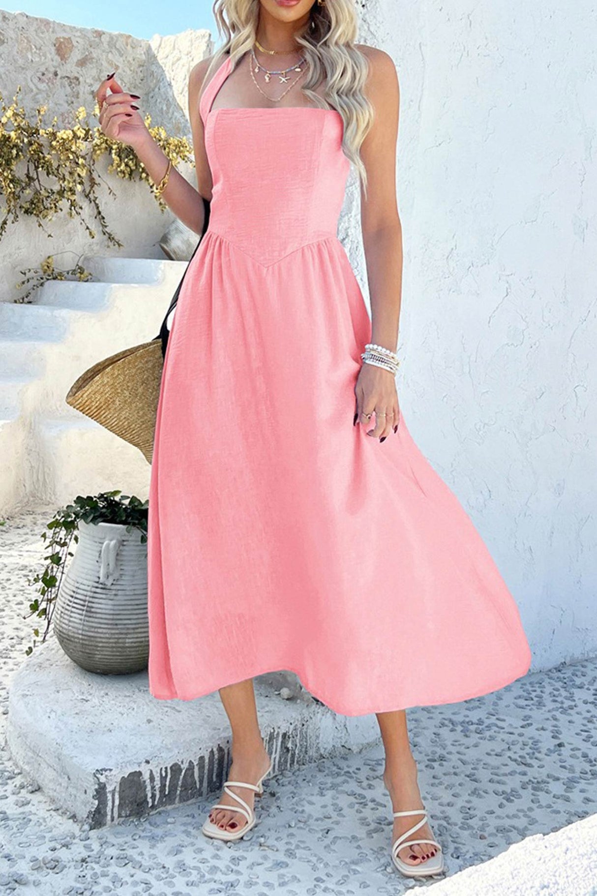 Arolora Halter Square Neck High Waist Midi Dress