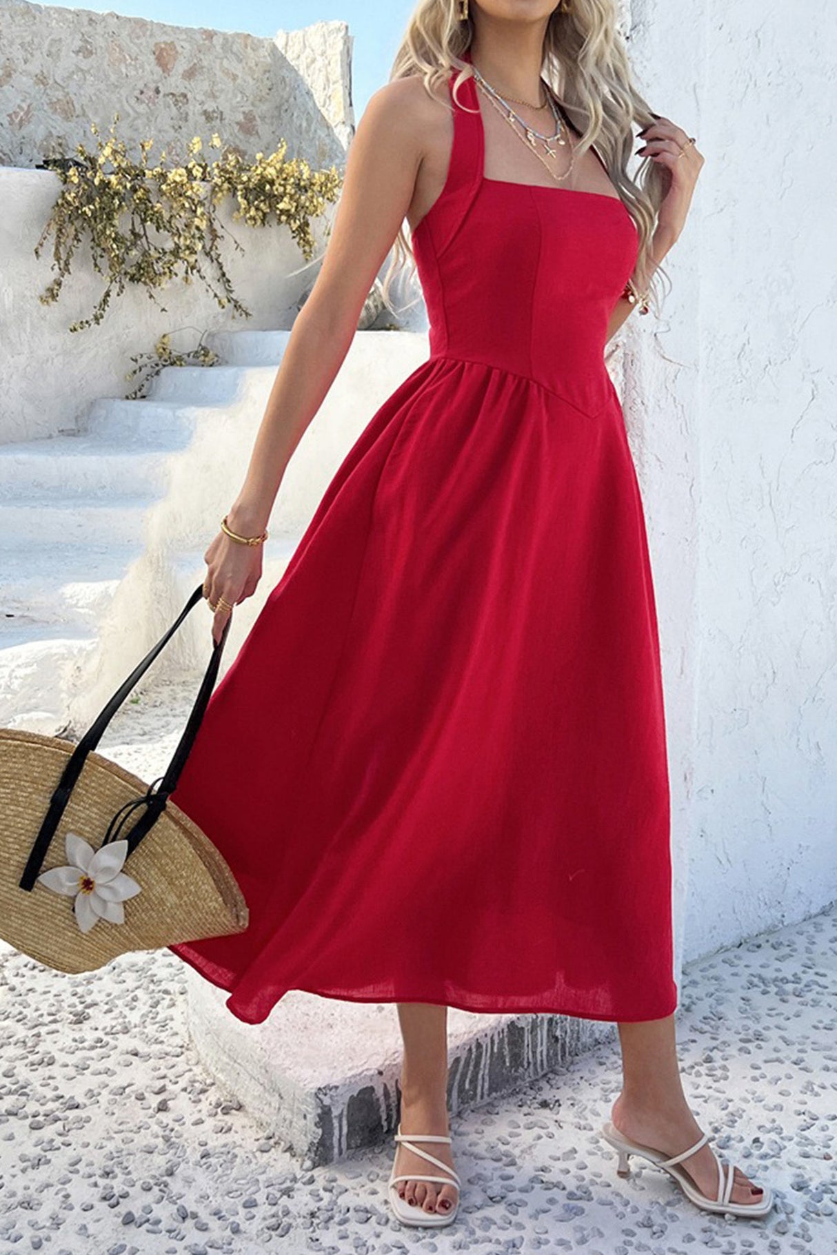Arolora Halter Square Neck High Waist Midi Dress