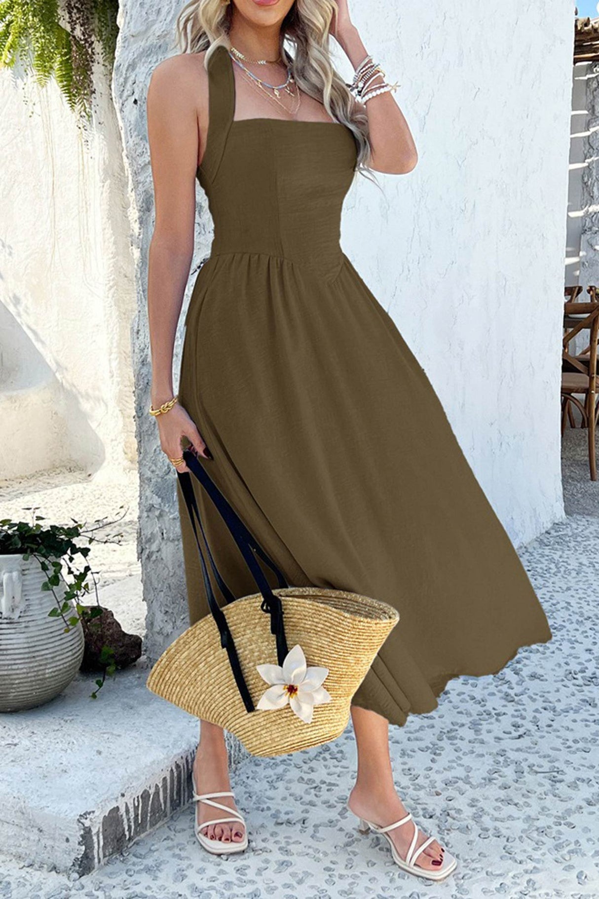 Arolora Halter Square Neck High Waist Midi Dress