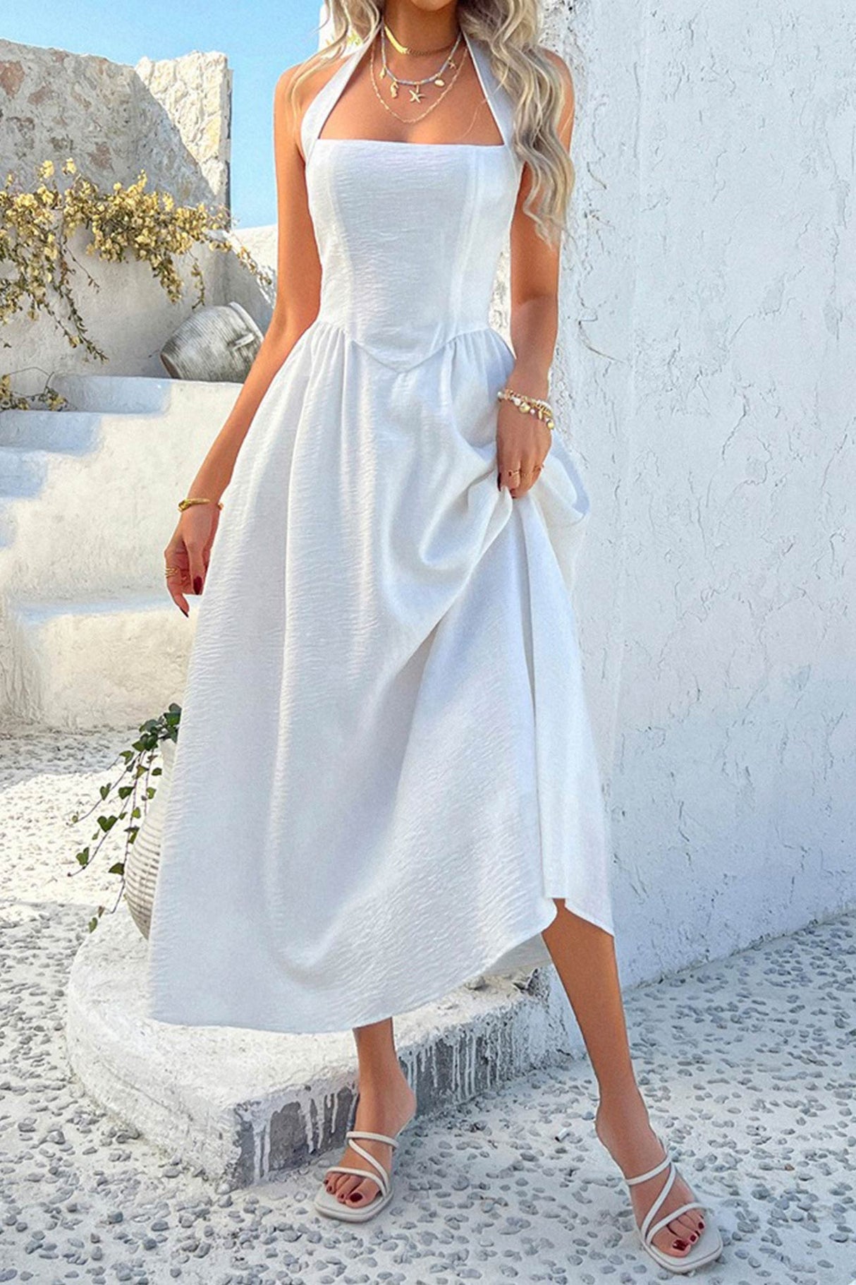 Arolora Halter Square Neck High Waist Midi Dress