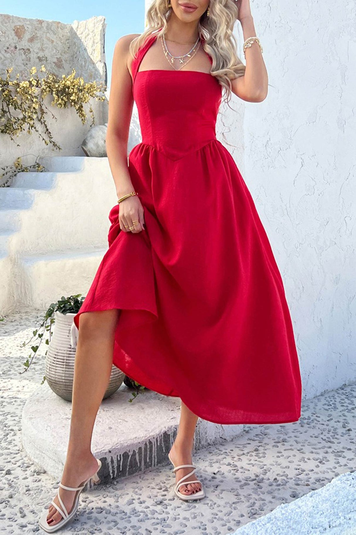 Arolora Halter Square Neck High Waist Midi Dress