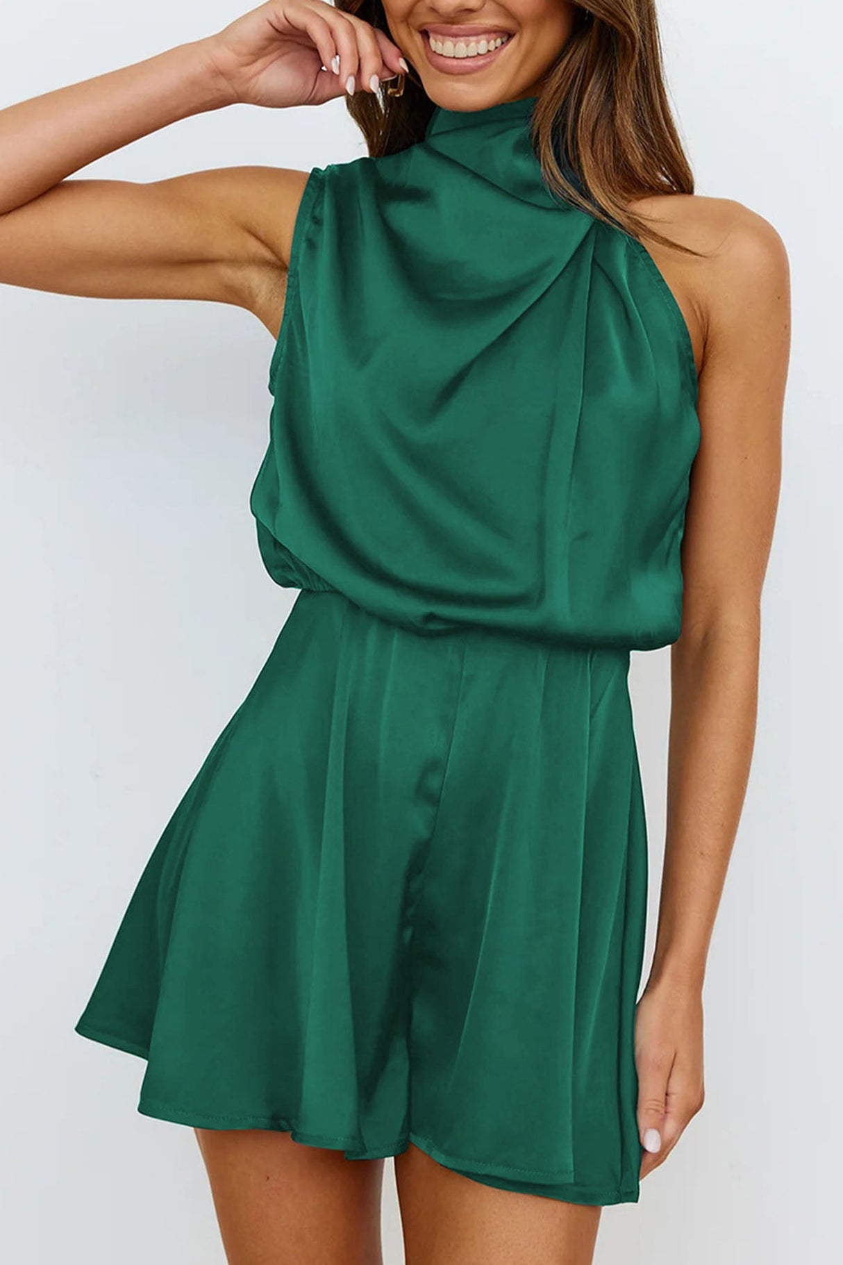 Arolora halter-asymmetrical-satin-sleeveless-rompers