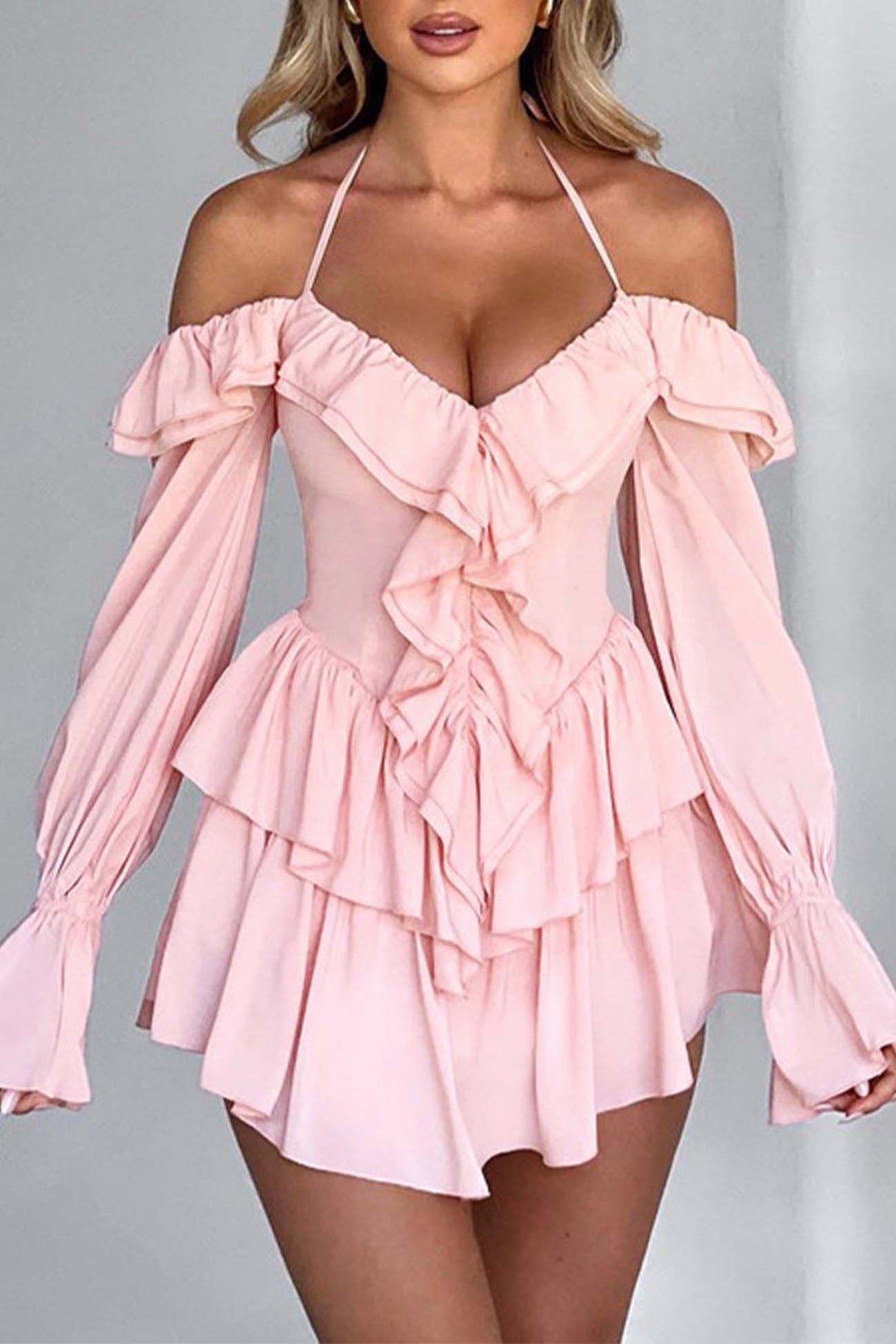 Arolora halter-off-the-shoulder-ruffled-mini-dress