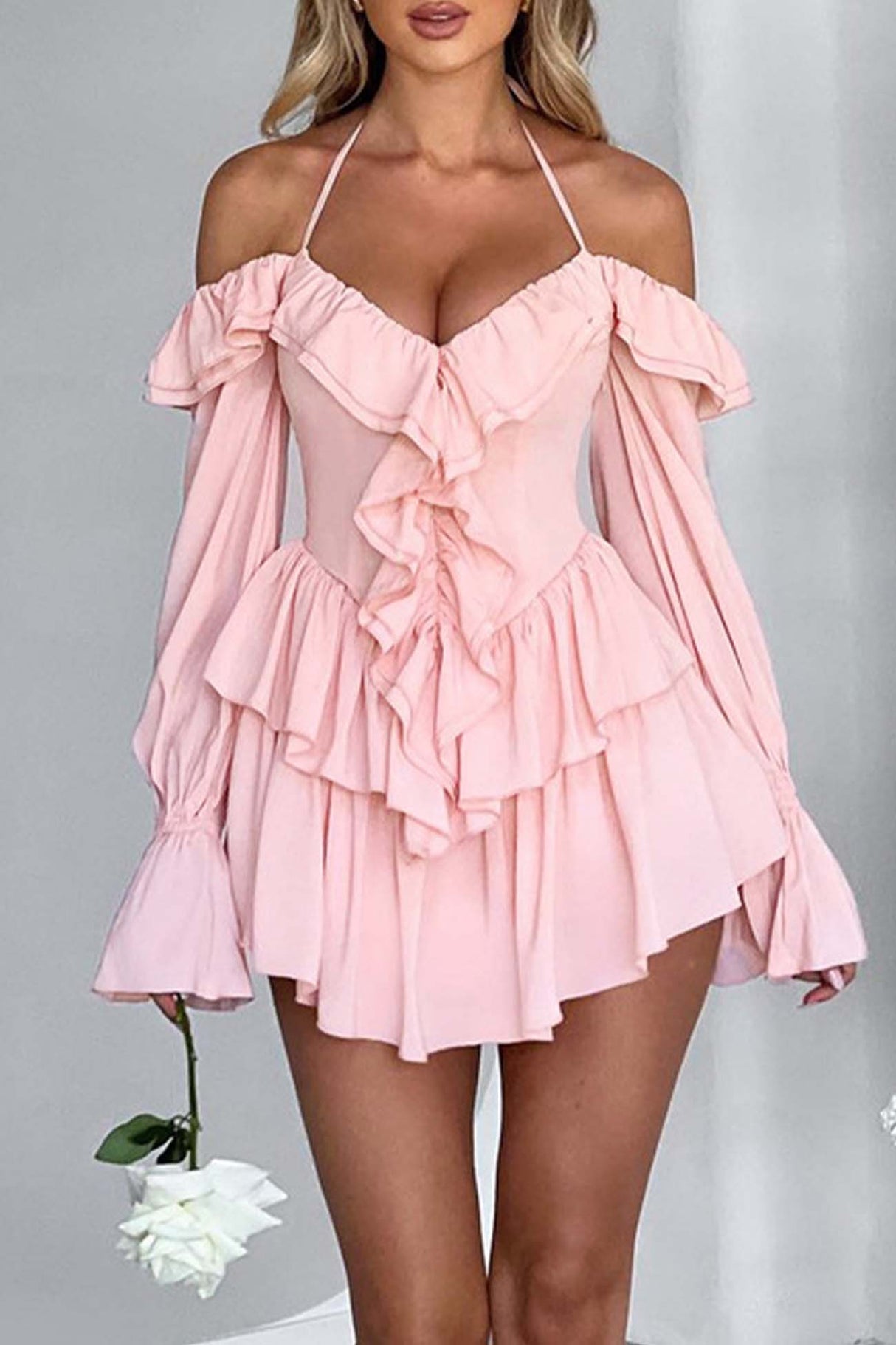 Arolora halter-off-the-shoulder-ruffled-mini-dress