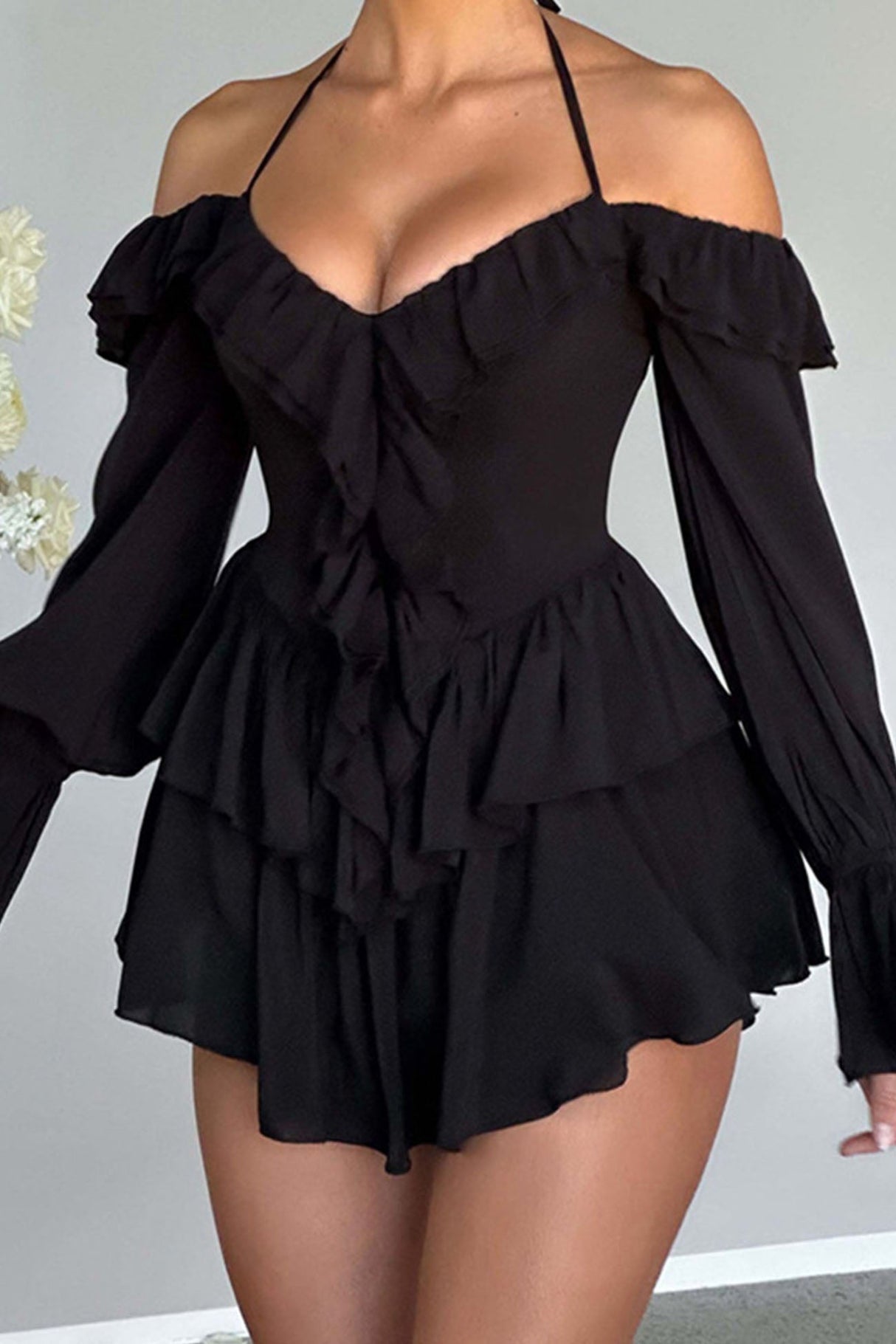 Arolora halter-off-the-shoulder-ruffled-mini-dress