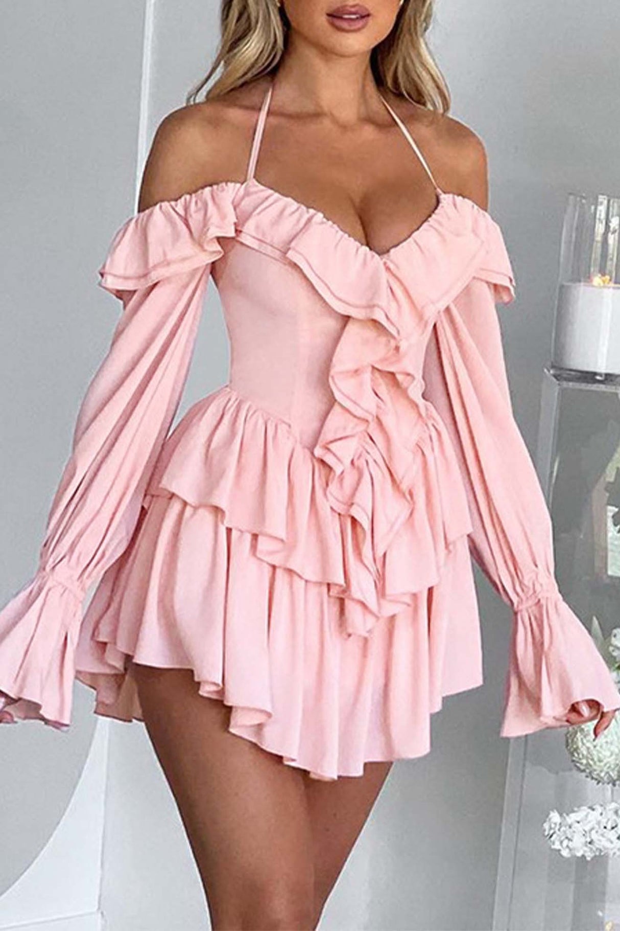 Arolora halter-off-the-shoulder-ruffled-mini-dress