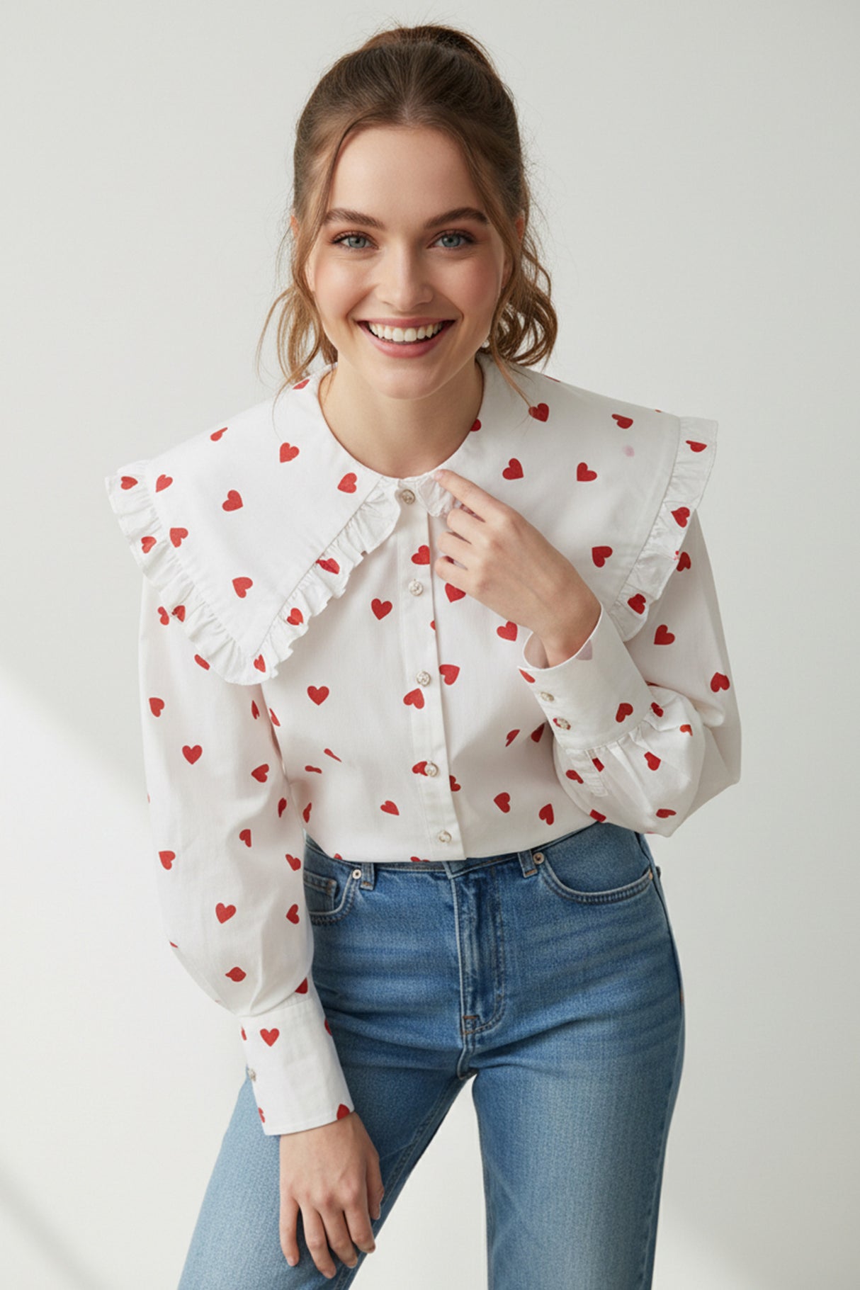 Heart Print Balloon Sleeve Doll Collar Blouse