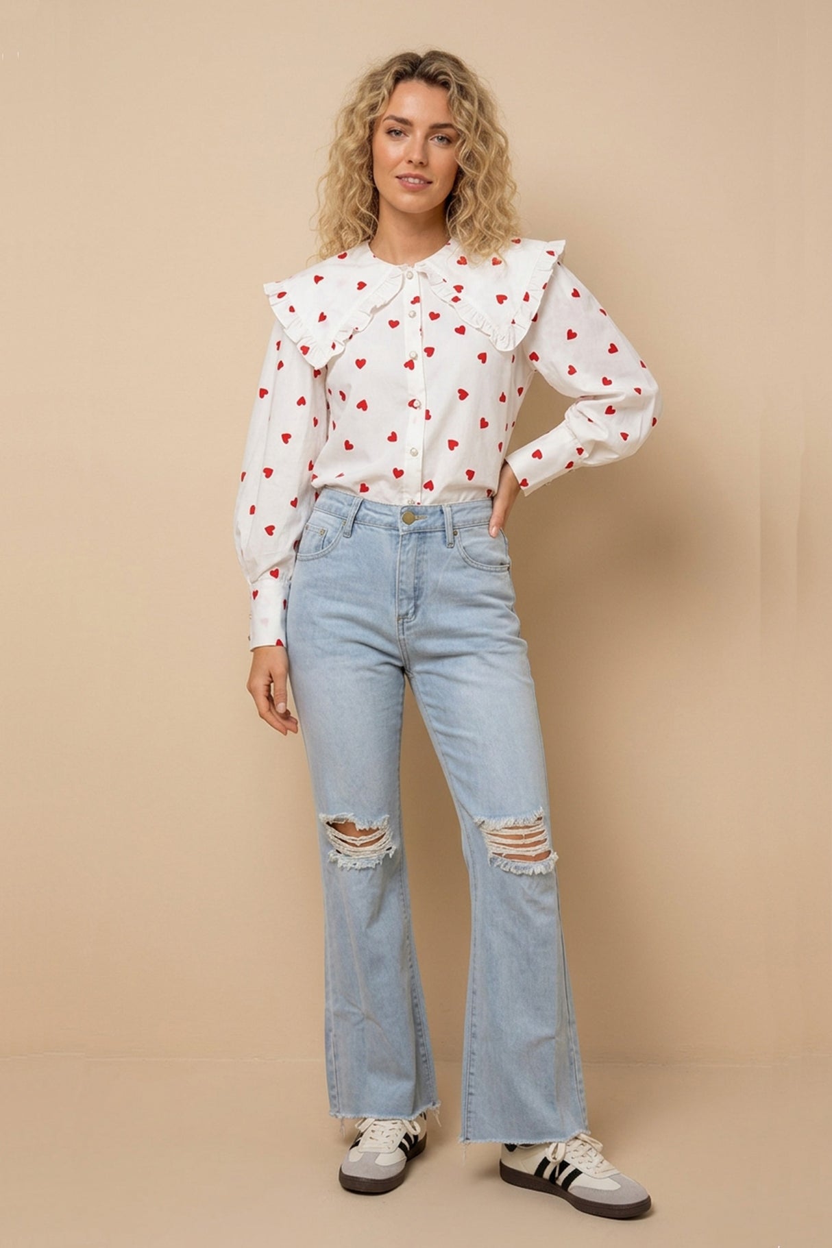 Heart Print Balloon Sleeve Doll Collar Blouse