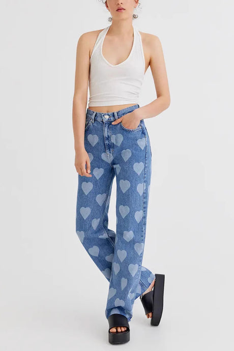 Arolora Heart Print High Rise Jeans