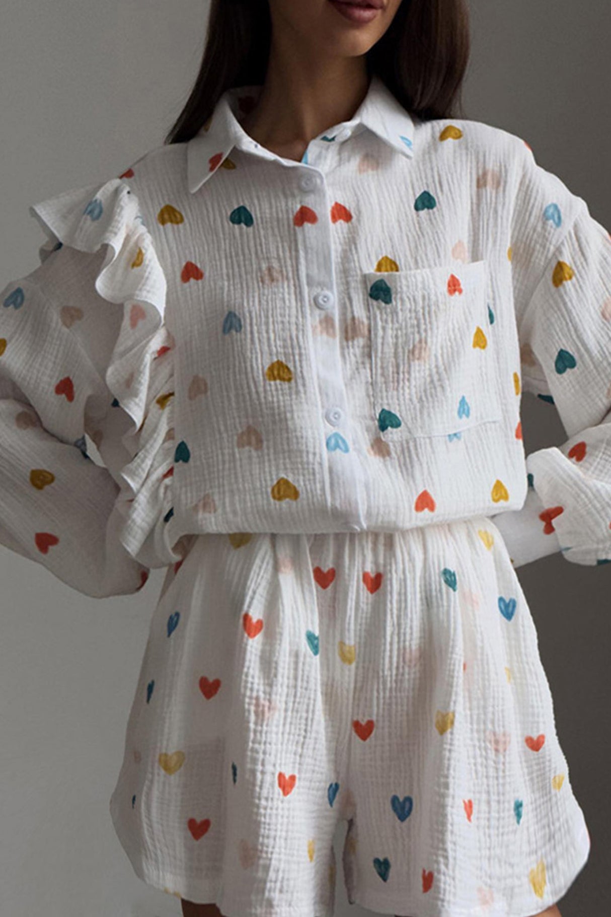 Heart Print Ruffle Long Sleeve Shirt Two Piece Shorts Set