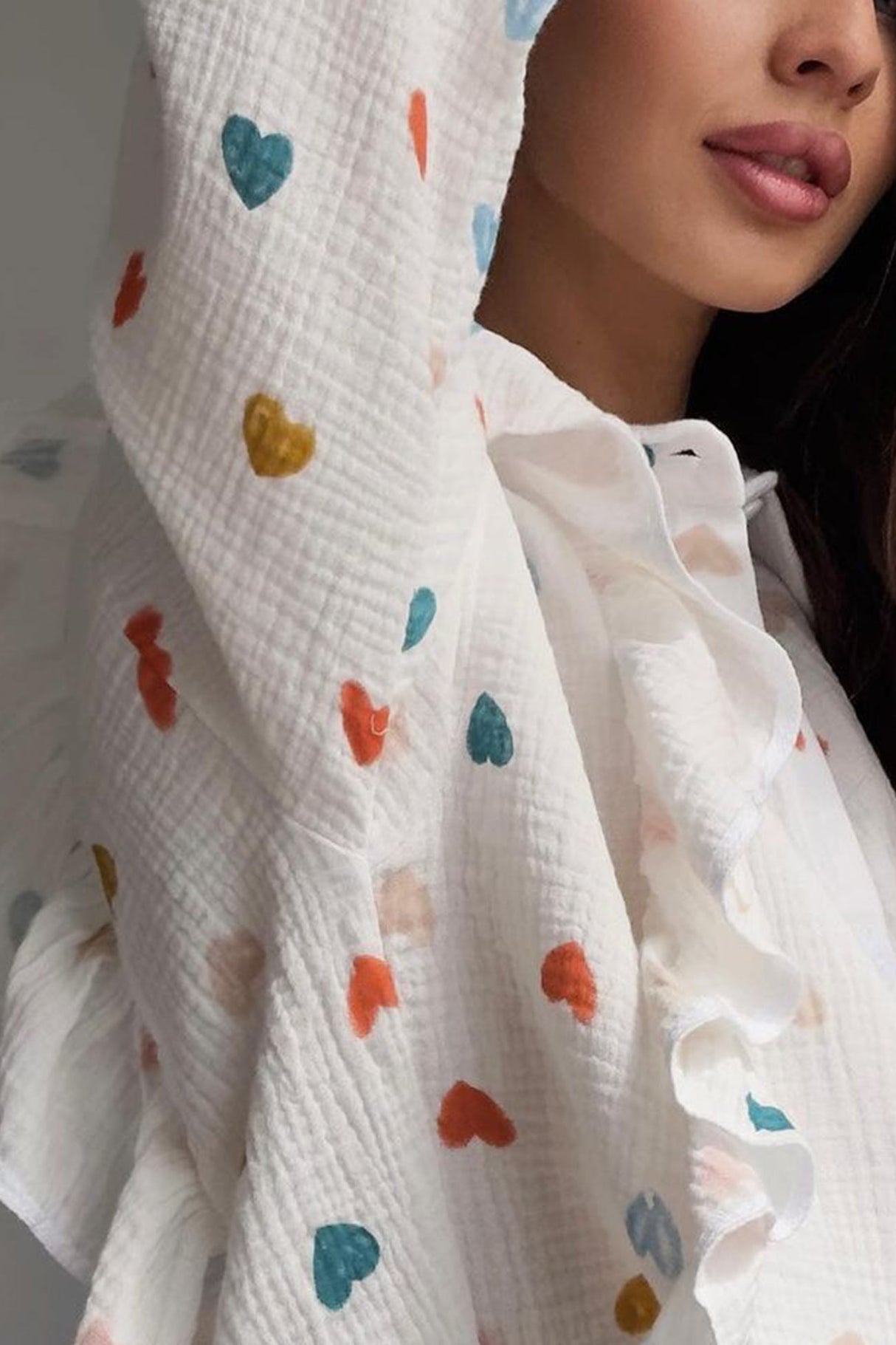 Heart Print Ruffle Long Sleeve Shirt Two Piece Shorts Set