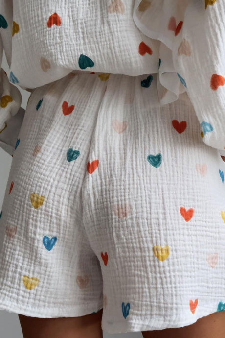 Heart Print Ruffle Long Sleeve Shirt Two Piece Shorts Set