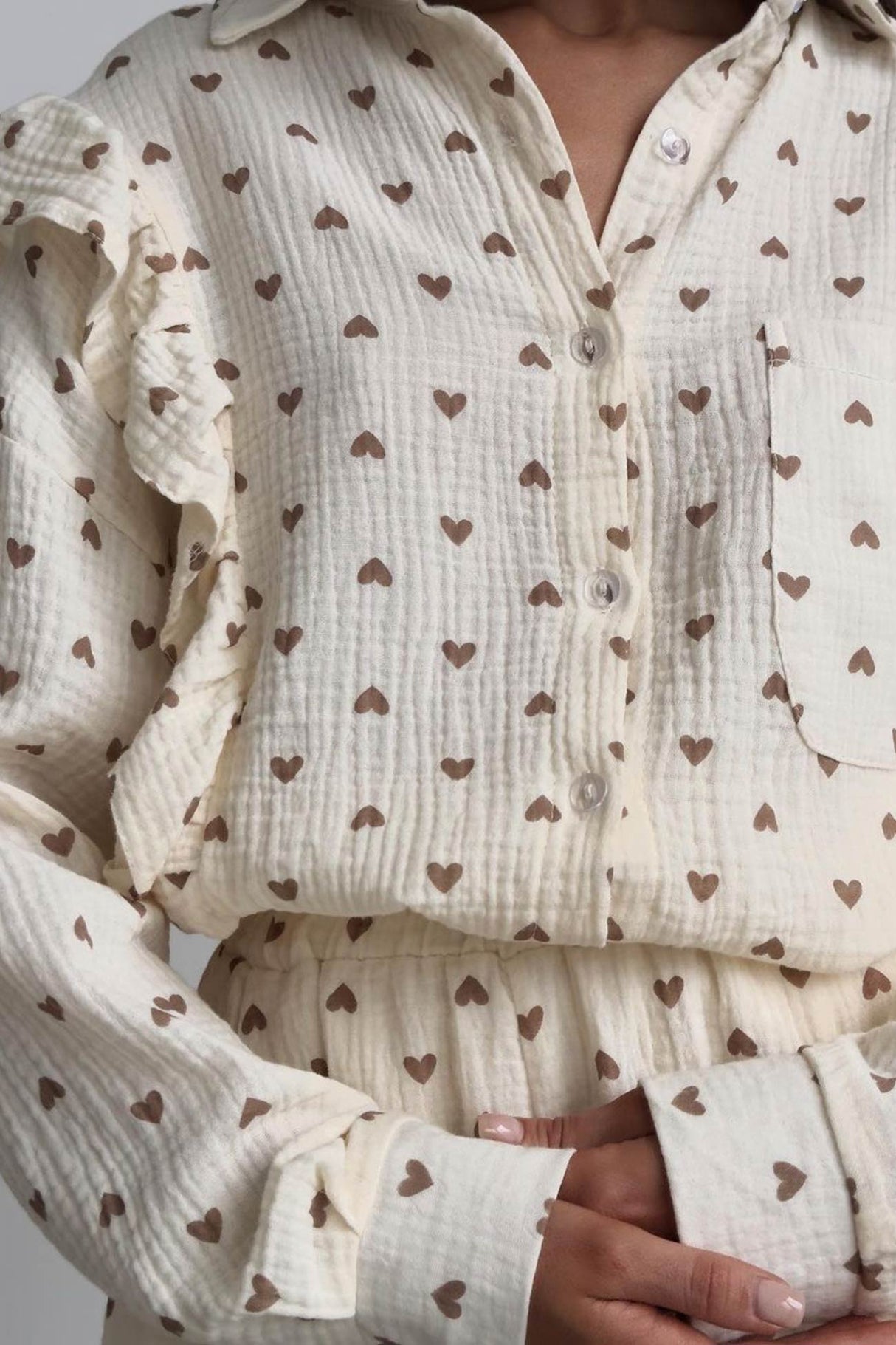 Heart Print Ruffle Long Sleeve Shirt Two Piece Shorts Set