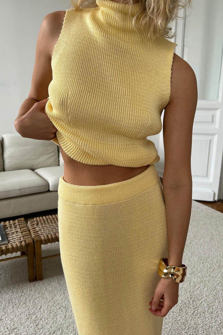 Arolora High Neck Knit Vest Midi Skirt Set