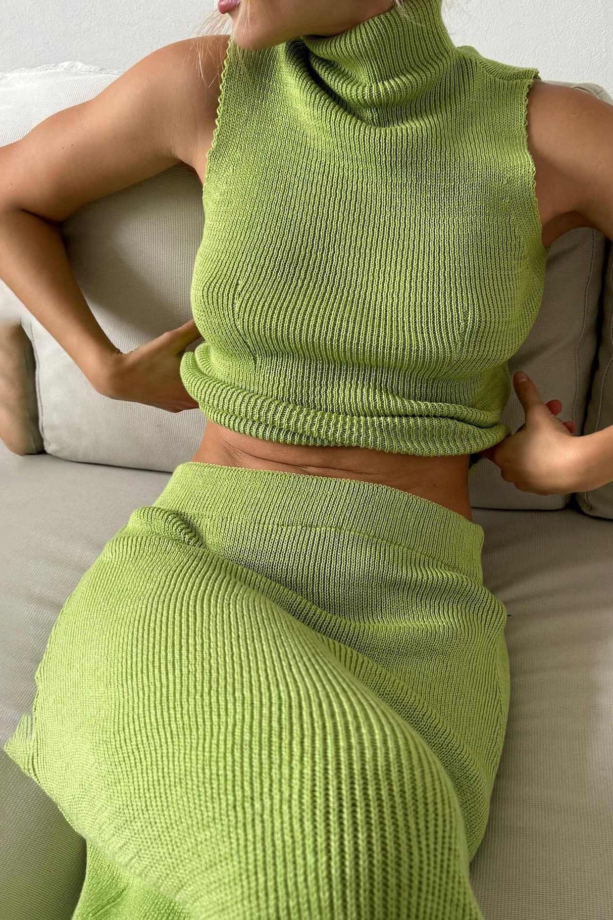 Arolora High Neck Knit Vest Midi Skirt Set