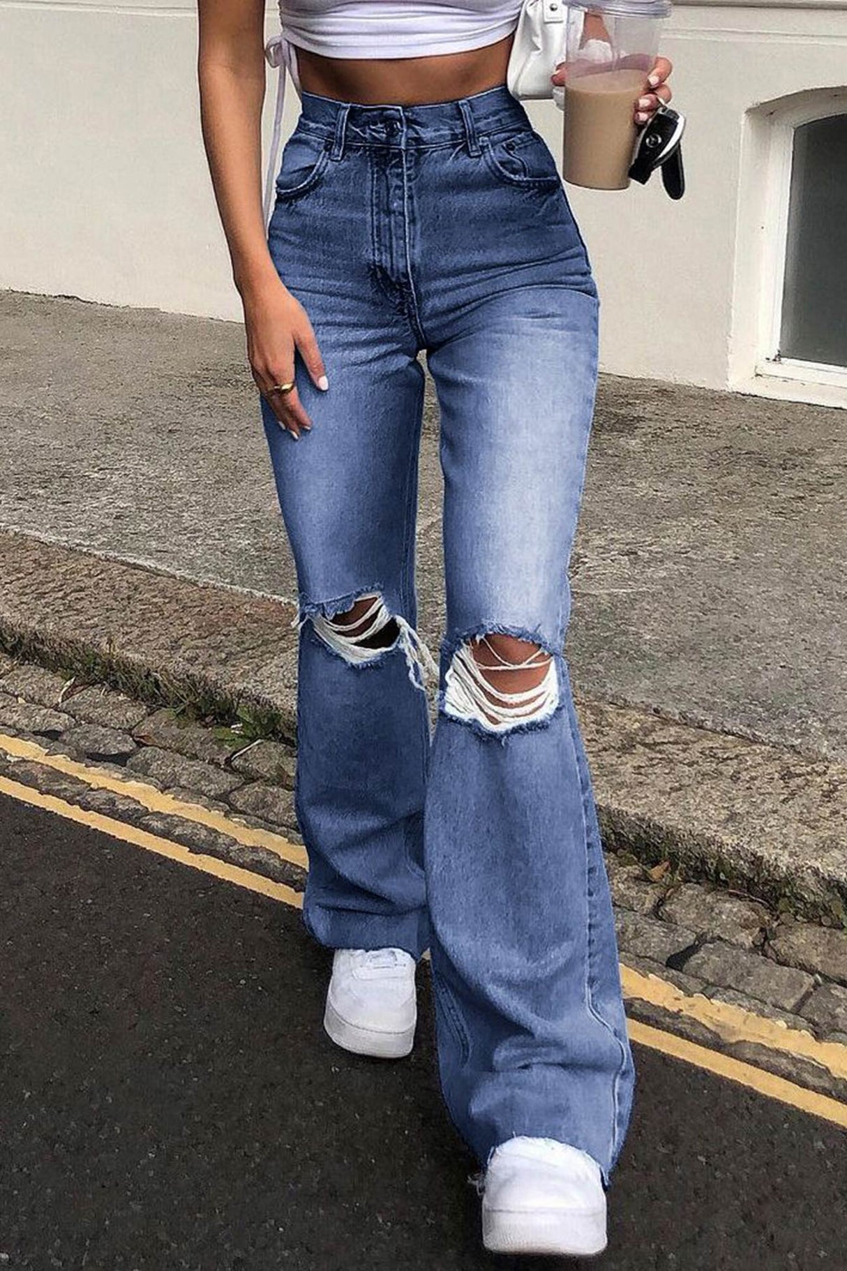 Arolora high-waist-distressed-flare-jeans