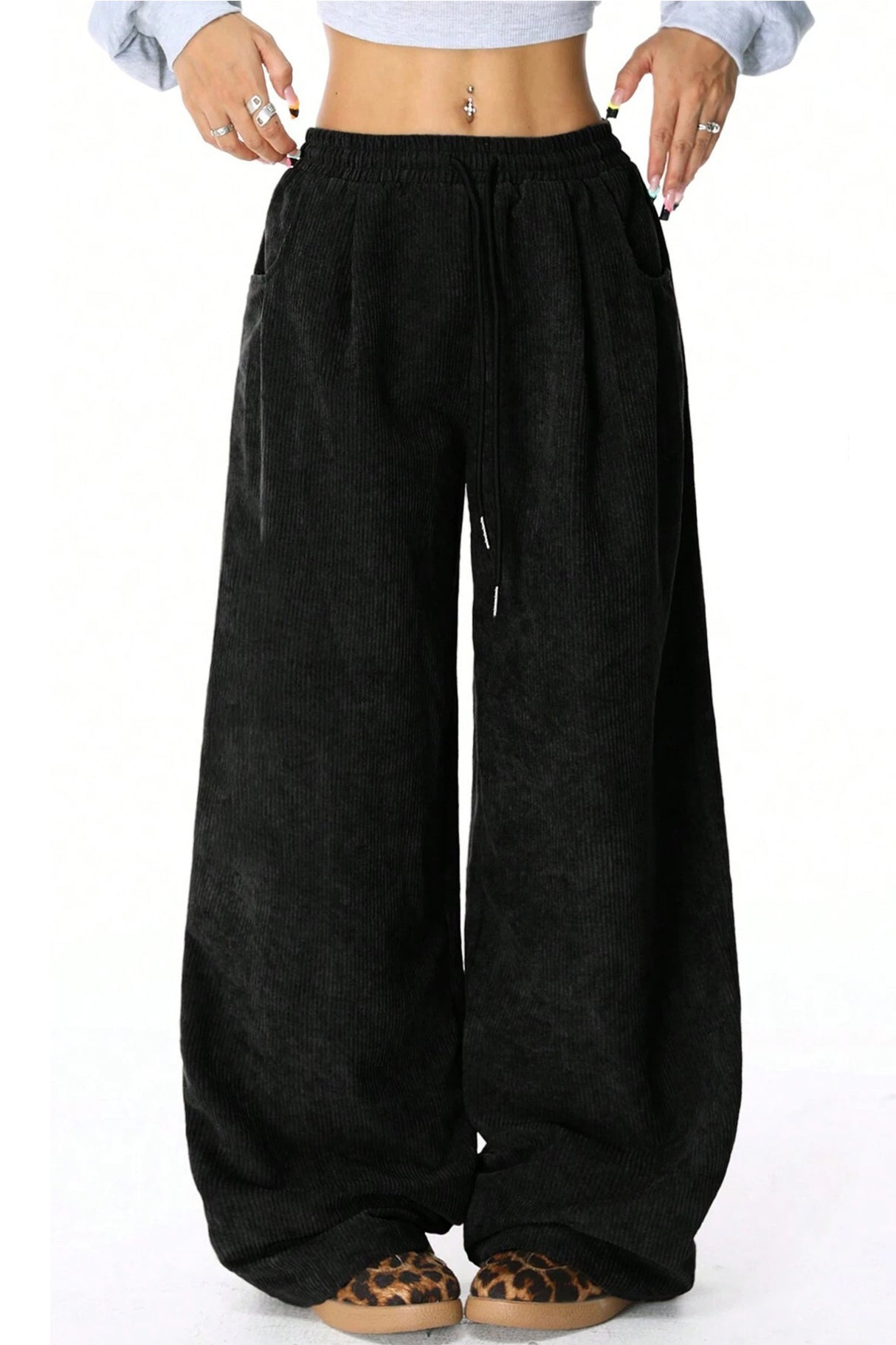 High-rise Drawstring Wide-leg Flannel Pants
