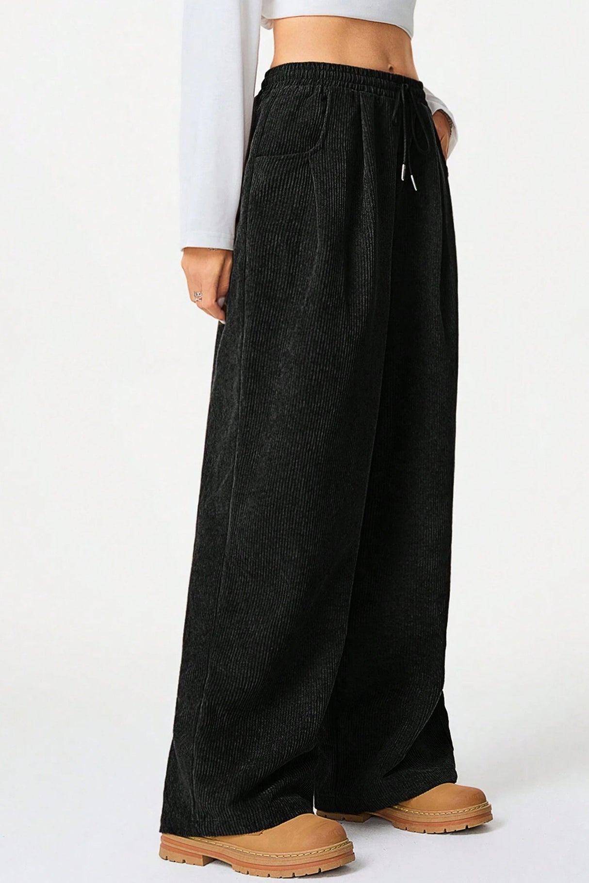 High-rise Drawstring Wide-leg Flannel Pants