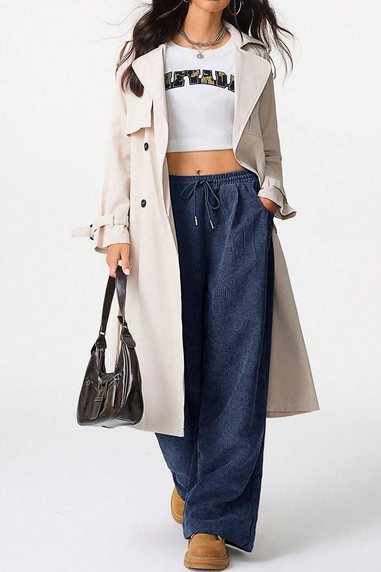 High-rise Drawstring Wide-leg Flannel Pants