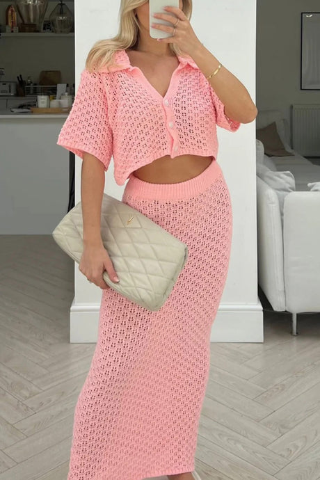 Hollow Out Crochet Blouses Midi Skirt Suits