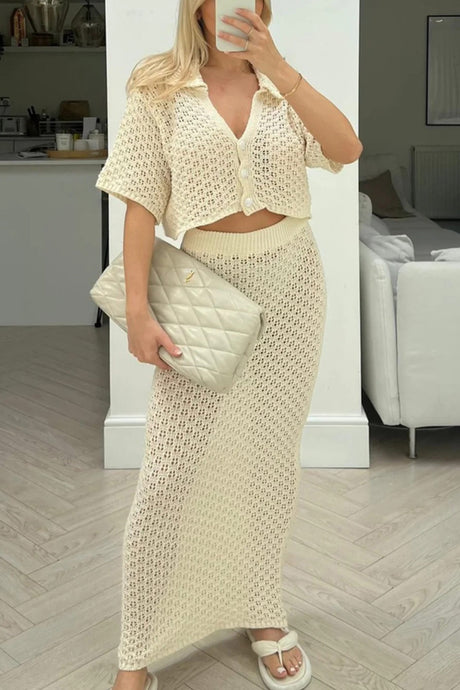 Hollow Out Crochet Blouses Midi Skirt Suits