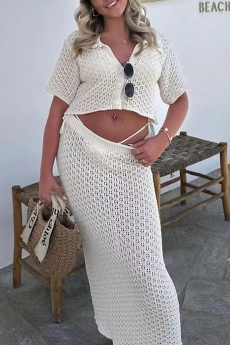 Hollow Out Crochet Blouses Midi Skirt Suits