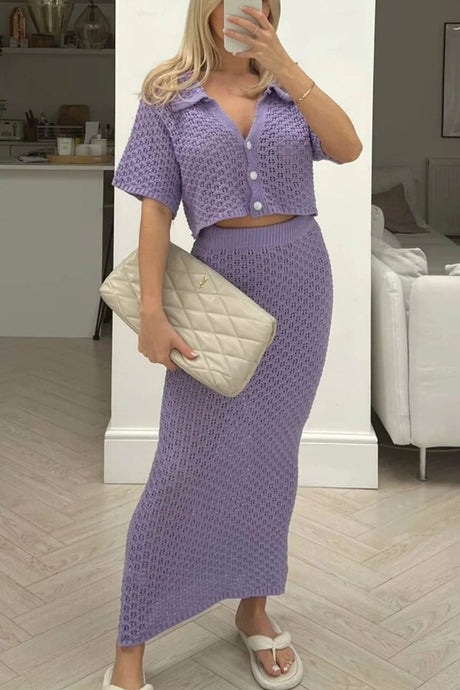 Hollow Out Crochet Blouses Midi Skirt Suits