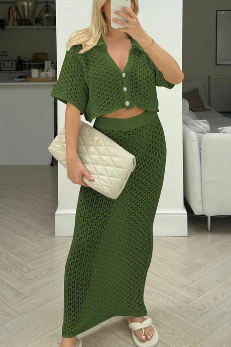 Hollow Out Crochet Blouses Midi Skirt Suits
