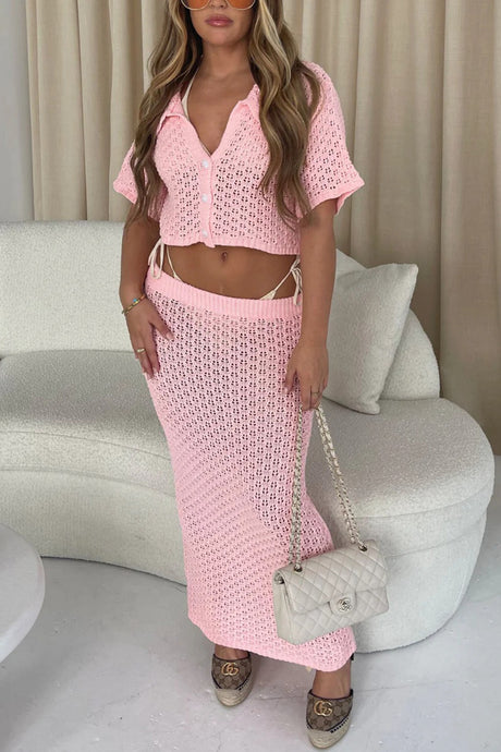 Hollow Out Crochet Blouses Midi Skirt Suits