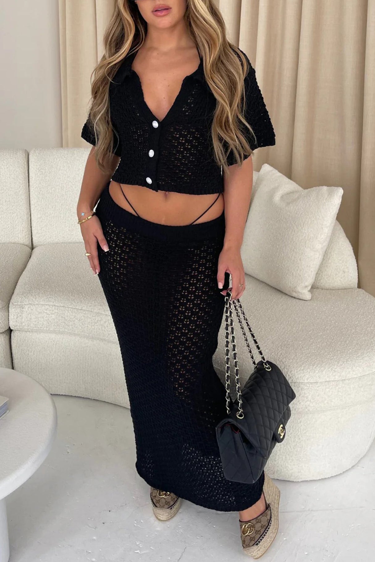 Hollow Out Crochet Blouses Midi Skirt Suits