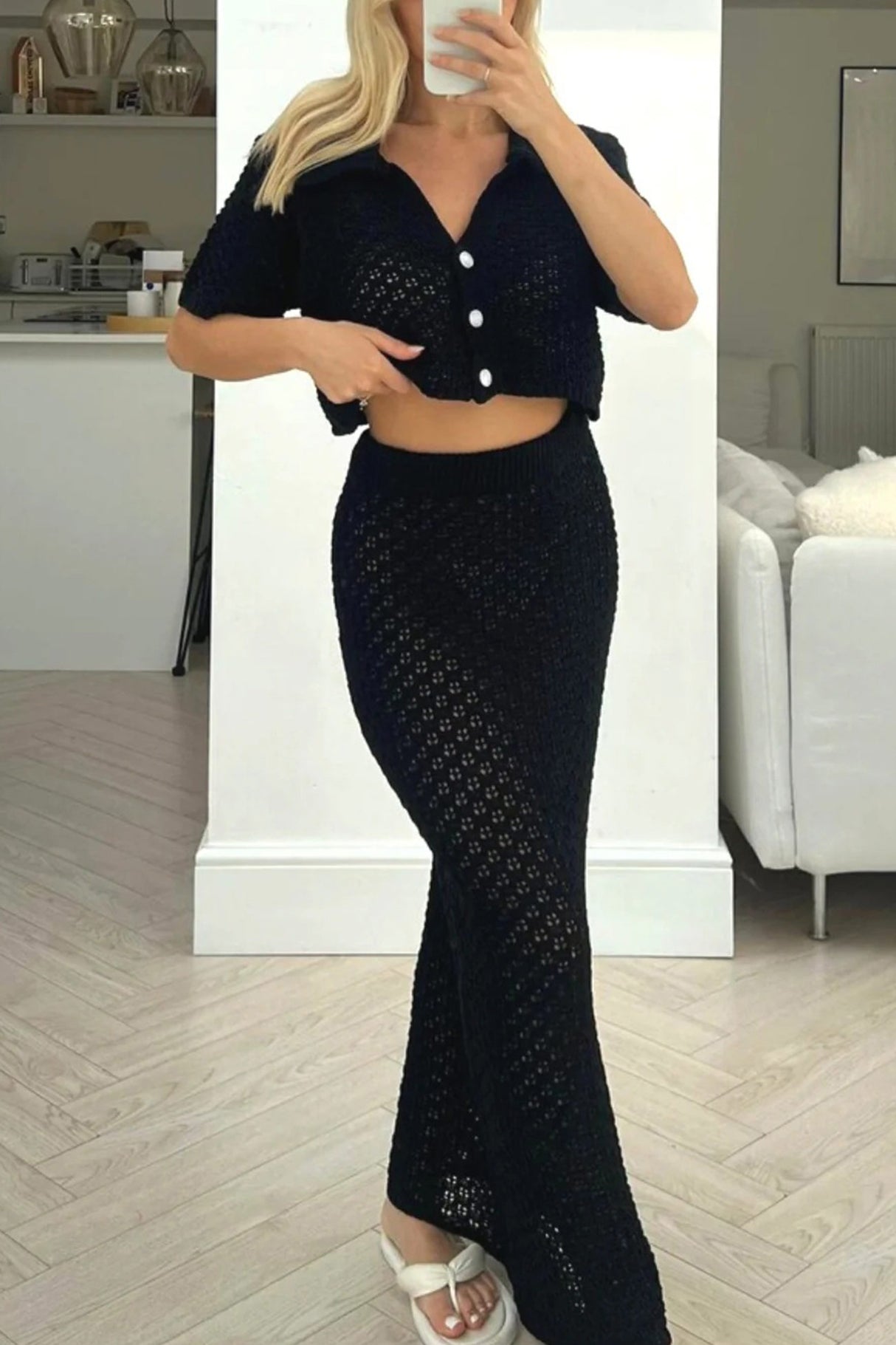 Hollow Out Crochet Blouses Midi Skirt Suits