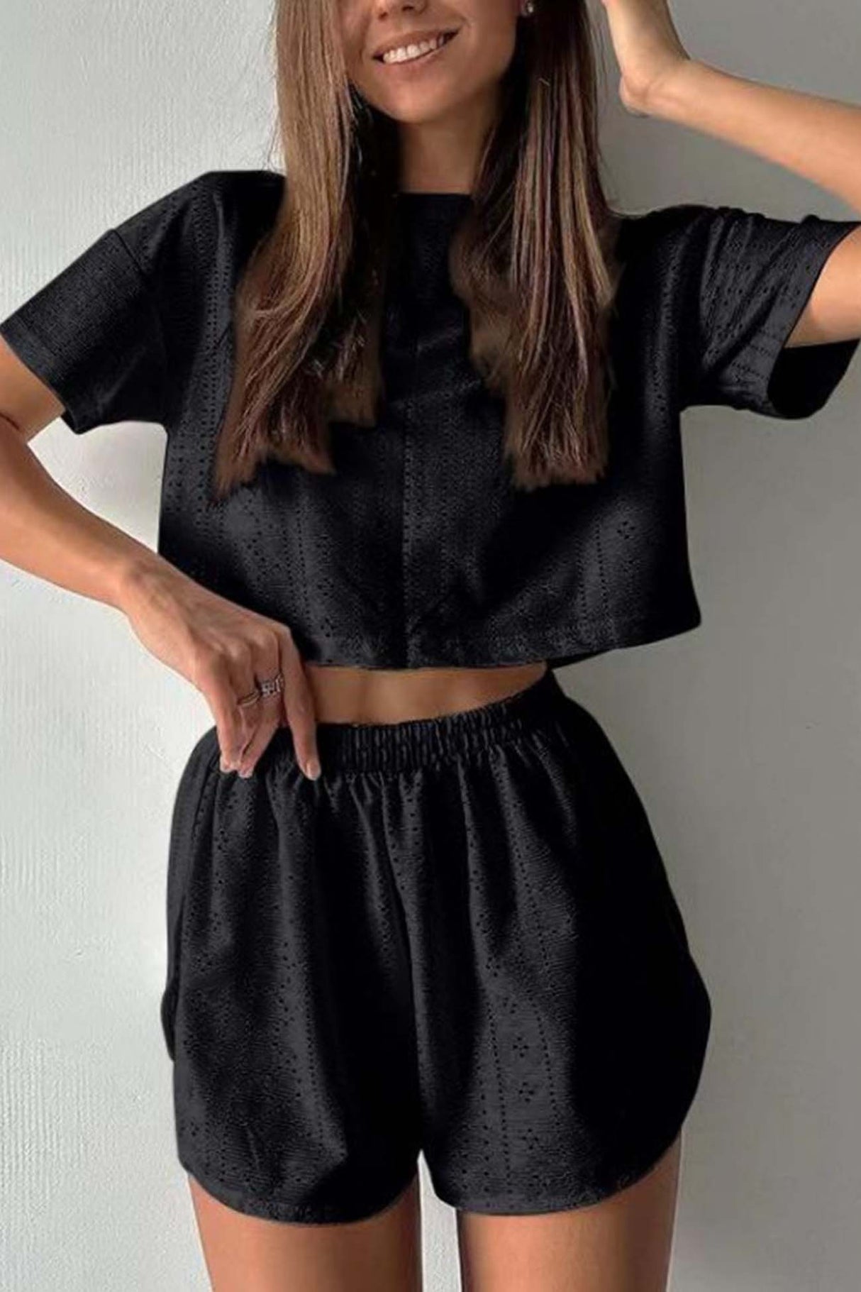 Hollow Short Sleeve Crop Top Shorts Set