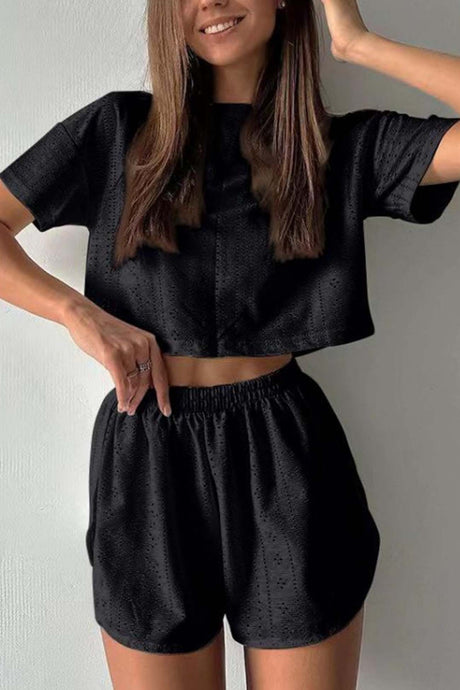 Hollow Short Sleeve Crop Top Shorts Set